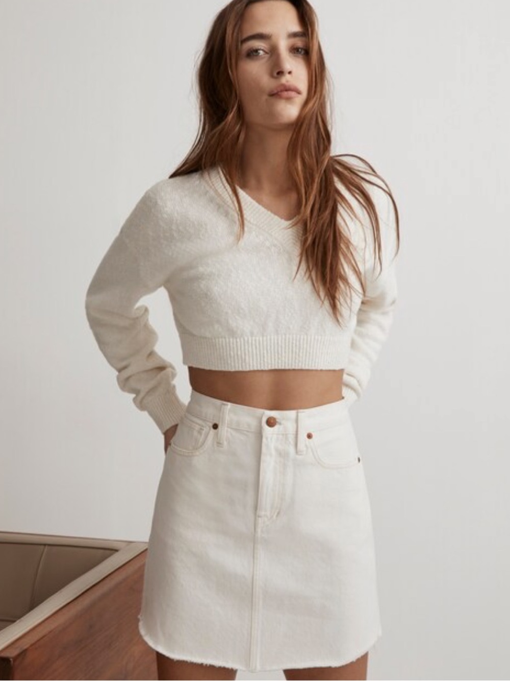 Madewell Denim Dolphin-Hem Mini Skirt in Vintage Canvas Off White size 28 cotton